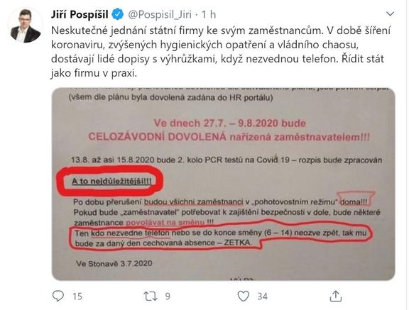 Tweet Jiřího Pospíšila, v němž šířil plakát obsahující nepravdy o pravidlech pro horníky v době přerušení provozu dolů kvůli koronaviru.