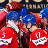 MS v hokeji 2013, Česko - Bělorusko: Radim Vrbata (17), Ladislav Šmíd (5) a Tomáš Fleischmann slaví gól na 2:0