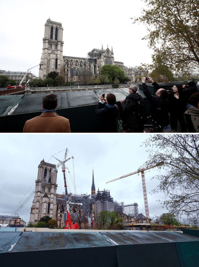 A combination picture shows people looking at Notre-Dame Cathedral after a massive fire devastated large parts of the gothic gem in Paris, France, April 16, 2019 (top) an