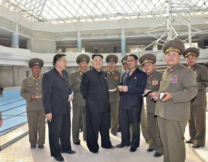 North Korean leader Kim Jong-Un inspects the construction site of the Munsu Swimming Complex