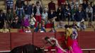 Spanish assistant bullfighter Juan M. Raya gives the "coup de grace" with a dagger to a bull during a bullfight in Seville