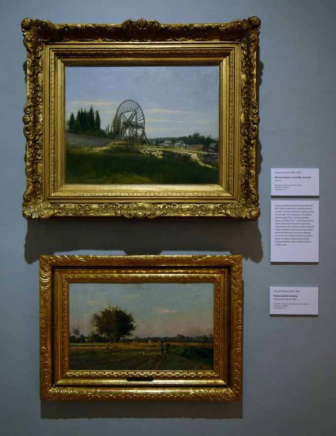 Na snímku jsou obrazy Antonína Chittussi Dřevěné kolo Gentilly-Arcueil (nahoře) a Francouzská krajina.