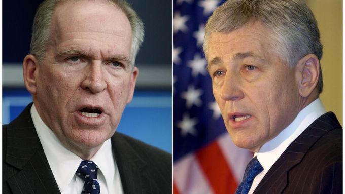 John Brennan (vlevo) a Chuck Hagel, kandidáti na šéfy CIA a Pentagonu