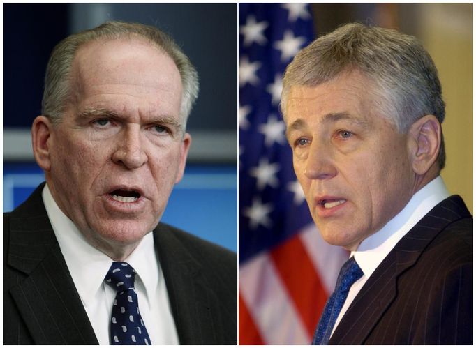 John Brennan (vlevo) a Chuck Hagel, kandidáti na šéfy CIA a Pentagonu