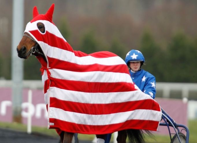 Snímek byl pořízen na dostihu klusáků ve Vincennes u Paříže. Šlo o Prix d'Amerique Marionnaud. Jak přiznala agentura Reuters, díky přikrytí se jí nepodařilo identifikovat závodníky. Krytí ve stylu americké vlajky bylo bezchybné.