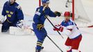 Russia's Sergei Shirokov celebrates his goal as Sweden's goalie Anders Nilsson (L) and Niclas Andersen (C) react during their men's ice hockey World Championship semi-fin