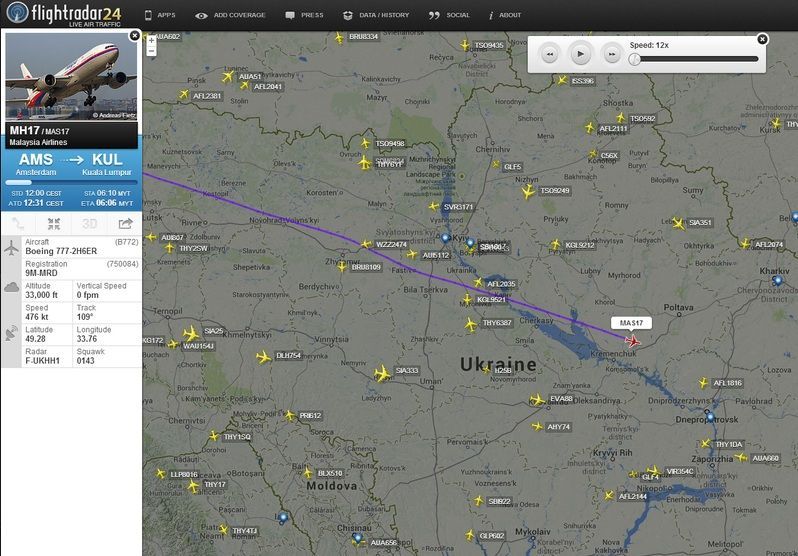 Pozice malajsijského letounu, který se zřítil nedaleko hranic Ukrajiny s Ruskem.