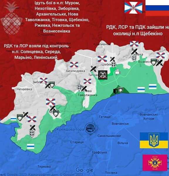 Mapa zobrazuje postup ruských partyzánů k vesnicím v Belgorodské oblasti.