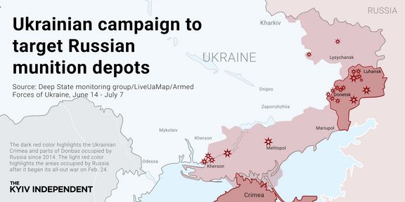 Mapa ukazující, kde Ukrajinci útočí na sklady munice.