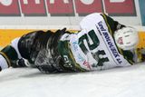 Karlovarský Michal Gulaši se po jednom z tvrdých ataků ocitl na ledě.