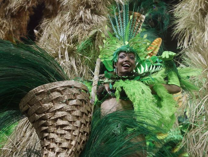 A reveller from the Beija Flor samba school participates during the annual carnival parade in Rio de Janeiro's Sambadrome, February 11, 2013. REUTERS/Pilar Olivares (BRAZIL - Tags: SOCIETY) Published: Úno. 12, 2013, 3:52 dop.