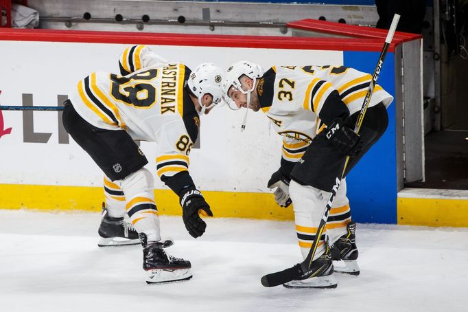 hokej, NHL 2017/2018, Minnesota - Boston, David Pastrňák a Patrice Bergeron slaví gól