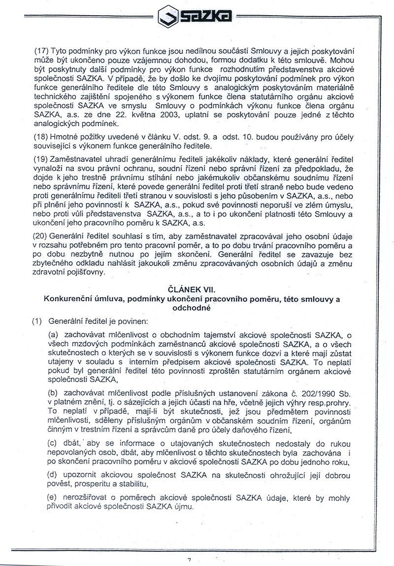 Pracovní smlouva generálního ředitele Sazky Aleše Hušáka