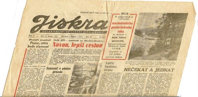 Titulní strana novin, ve kterých je zmínka o Antonínu Havelkovi Dne 18. června 1957, Založeno v Třebíči r. 1919, Číslo 48