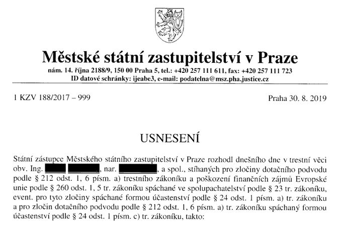 Titulní strana usnesení, kterým bylo zastaveno stíhání obviněných v kauze Čapí hnízdo.