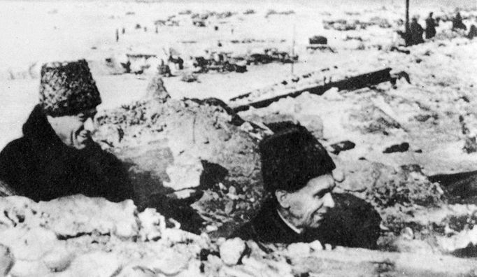 Konstantin Rokossovsky and Pavel Batov The Great Patriotic War of 1941-1945. The commander of the Don Front Konstantin Rokossovsky and General Pavel Batov, right, in a trench near Stalingrad. Photo reproduction.