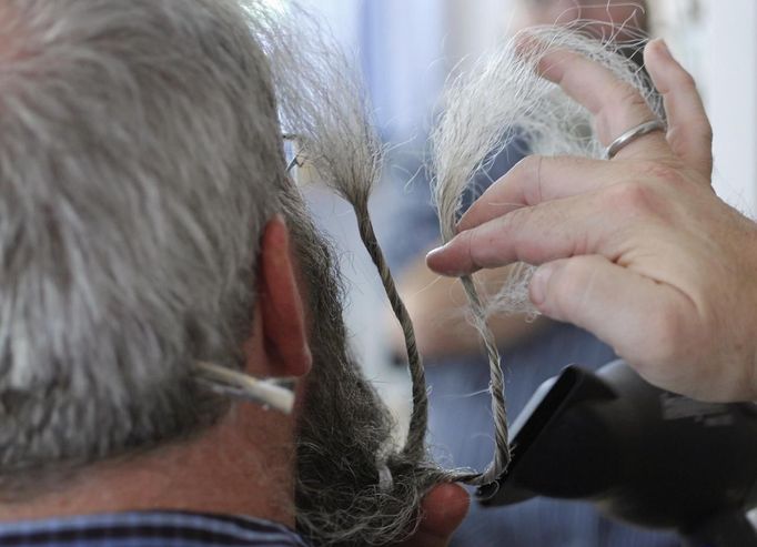 German hairdresser Elmar Weisser, 48, starts shaping his beard as a stork, with help from his wife, to compete in the 2012 European Beard and Moustache Championships in Wittersdorf near Mulhouse, Eastern France, September 22, 2012. Weisser, who won the World Beard and Moustache Championship in 2011, ranked second in the freestyle category of the European championships on Saturday. Picture taken September 22, 2012. REUTERS/Vincent Kessler (FRANCE - Tags: SOCIETY) Published: Zář. 23, 2012, 12:17 odp.