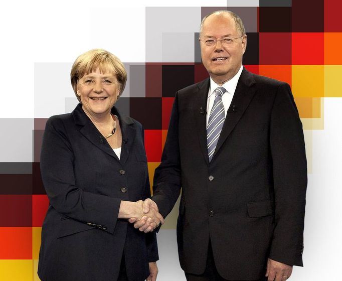 Merkelová a Steinbrück, dva hlavní soupeři v německých volbách.