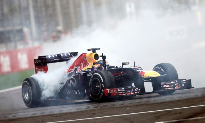 Red Bull Formula One driver Sebastian Vettel of Germany does a burnout to celebrate winning the Indian F1 Grand Prix at the Buddh International Circuit in Greater Noida,