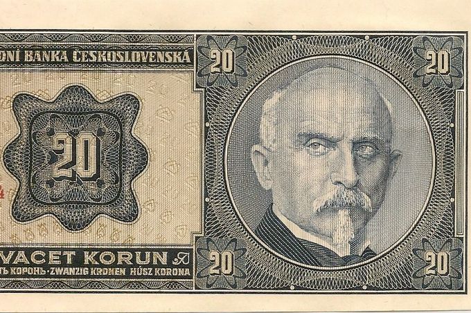 Dobová československá bankovka v hodnotě 20 korun s podobiznou Aloise Rašína. Rok 1926.
