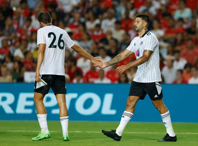 Soccer Football - Pre Season Friendly - Benfica v Fulham - Estadio Algarve, Faro, Portugal - July 17, 2022 Fulham's Aleksander Mitrovic celebrates with teammate after sco