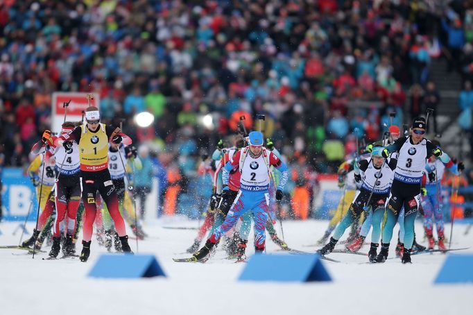 Start závopu s hromadným startem na SP v Novém Městě na Moravě 2018.