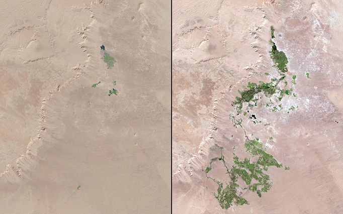 http://climate.nasa.gov/state_of_flux#Desertchanges_Egypt.jpeg Al Farafra Oasis, Egypt Unlike much newly developed desert agriculture, the western Egyptian fields seen here are watered not by deep-well irrigation, but rather with surface water associated with the Al Farafra Oasis. These images show the increased agricultural activity near the town of Qasr al Farafra. Increased accessibility from improved infrastructure, including paved roads to the town, brings both agricultural laborers and tourists. Images taken by the Thematic Mapper sensor onboard Landsat 5 and the Enhanced Thematic Mapper Plus onboard Landsat 7. Source: U.S. Geological Survey (USGS) Landsat Missions Gallery, "Al Farafra Oasis," U.S. Department of the Interior / USGS and NASA.