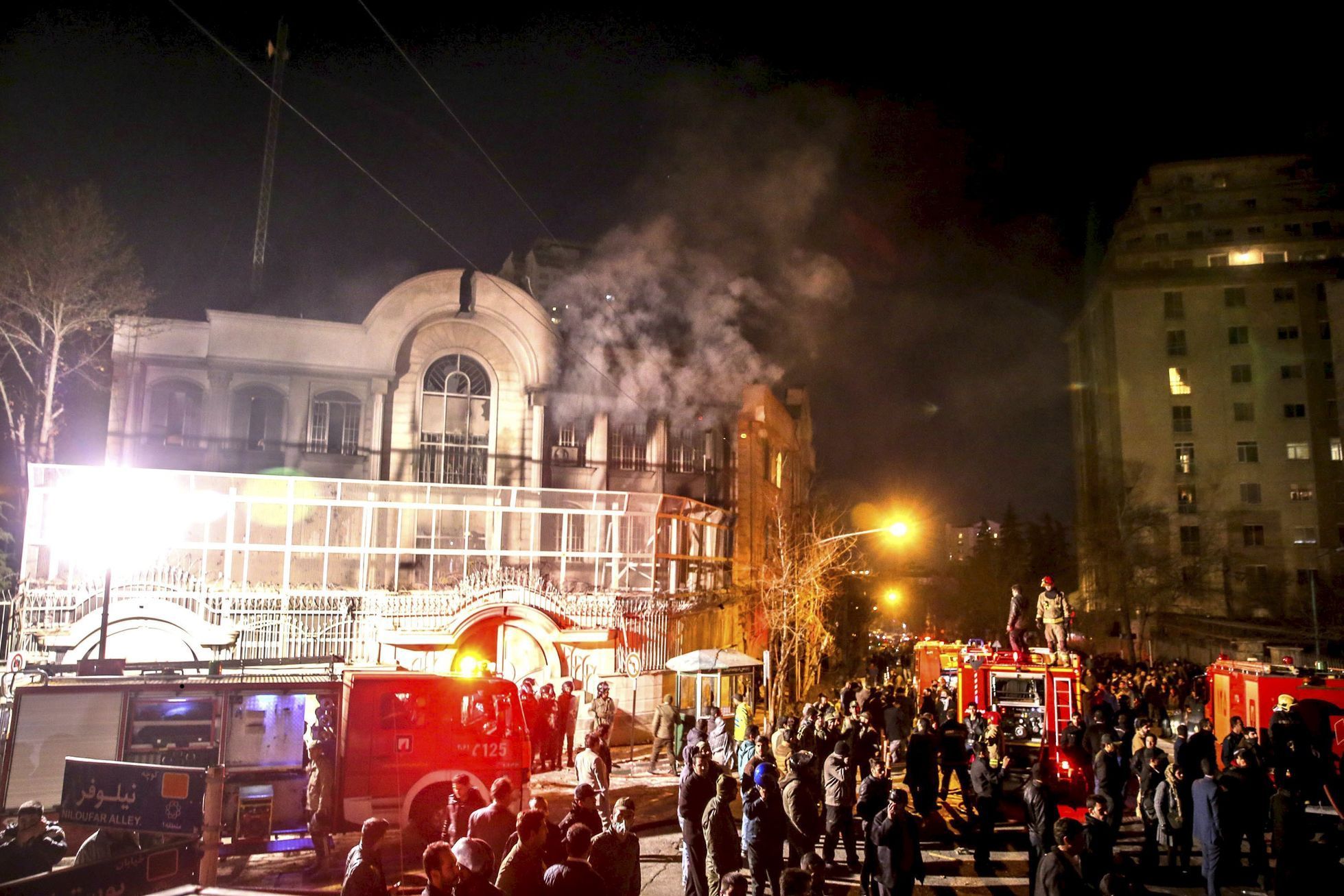 Flames rise from Saudi Arabia's embassy during a demonstration at in Tehran