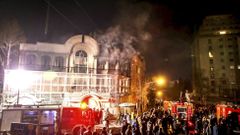 Flames rise from Saudi Arabia's embassy during a demonstration at in Tehran