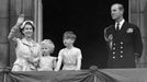 FILE - This is a May 15, 1954 file photo of of Prince Charles and Princess Anne with their parents, Queen Elizabeth II and Duke of Edinburgh, on the balcony of Buckingham