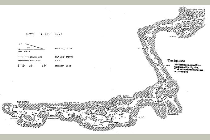 Historická mapa jeskyně Nutty Putty v Utahu od Salt Lake Grotto z prosince 1965. Zobrazuje klíčové pasáže a bezpečnostní doporučení.