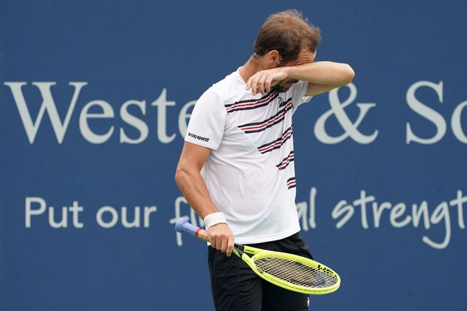 Aug 12, 2019; Mason, OH, USA; Richard Gasquet (FRA) reacts against Andy Murray (GBR) during the Western and Southern Open tennis tournament at Lindner Family Tennis Cente