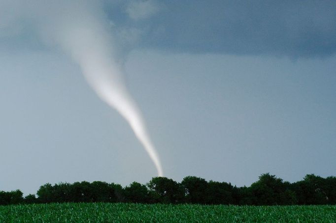 Milky White Tornado Spins Across Farmland Original caption:A tornado is a rapidly rotating column of air, made visible by the presence of dust or debris, or in the case of this twister, the condensation of water vapor due to the lowered pressure within the column.