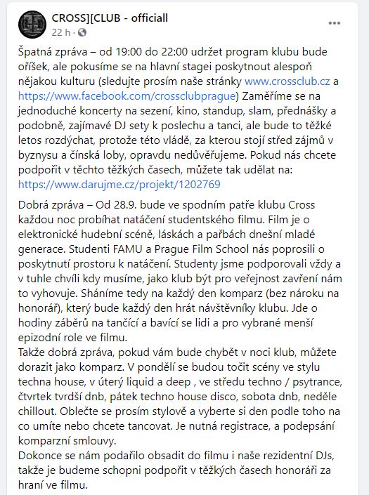 Příspěvek, který klub vyvěsil na svou facebookovou stránku včera, správci stránky po telefonátu s Aktuálně.cz smazali. | Foto: Facebook Crossclub