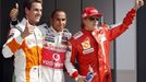 Složení tří nejlepších jezdců v kvalifikaci (zleva) Adrian Sutil, Lewis Hamilton a Kimi Räikkönen.