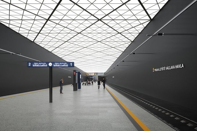 Vizualizace železniční stanice Praha-Letiště Václava Havla.