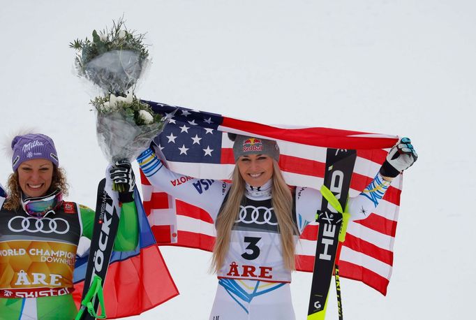 Alpine Skiing - FIS Alpine World Ski Championships - Women's Downhill - Are, Sweden - February 10, 2019 - Gold medalist Slovenia’s Ilka Stuhec and bronze medalist Lindsey