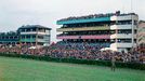 Diváci sledují dostih z hlavní tribuny na pardubickém závodišti během Velké pardubické, 8. října 1967.