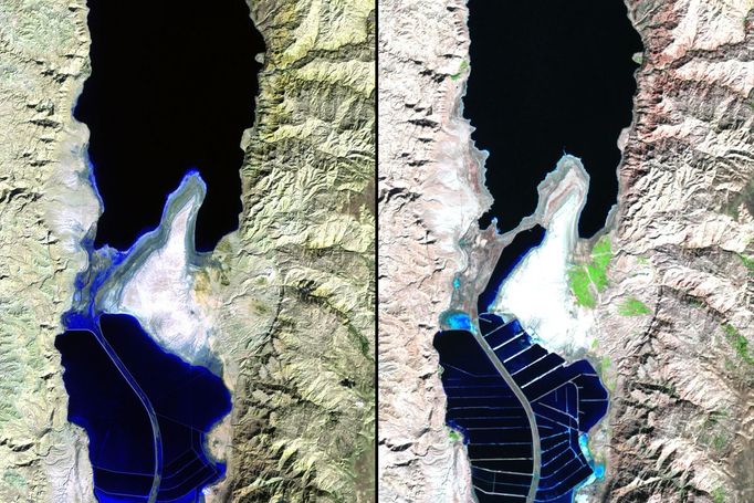 http://climate.nasa.gov/state_of_flux#Waterdiversion_DeadSea.jpg Water diversion, Dead Sea Left: November 9, 1984. Right: November 28, 2011. The Dead Sea lies in the Jord