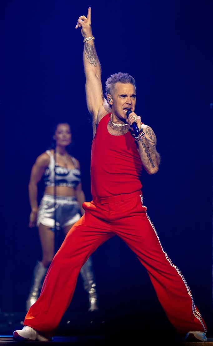 Zpěvák Robbie Williams během svého nedělního koncertu v pražské O2 areně.