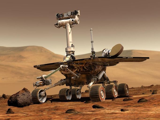 Artist's Concept of Rover on Mars An artist's concept portrays a NASA Mars Exploration Rover on the surface of Mars. Two rovers have been built for 2003 launches and January 2004 arrival at two sites on Mars. Each rover has the mobility and toolkit to function as a robotic geologist. Image credit: NASA/JPL/Cornell University