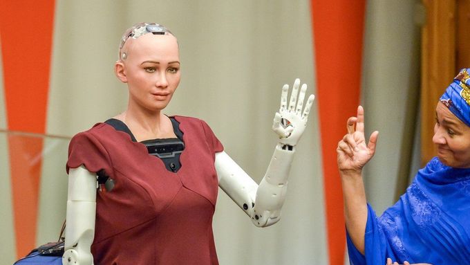 Humanoidní robot Sophia na jednání OSN v New Yorku.