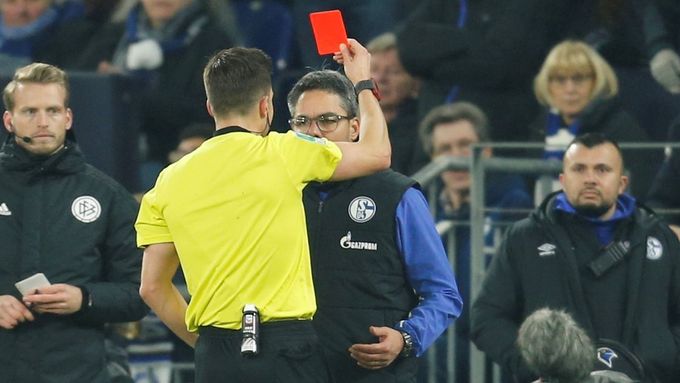Trenér Schalke David Wagner dostává od rozhodčího Harma Osmerse kontroverzní červenou kartu.
