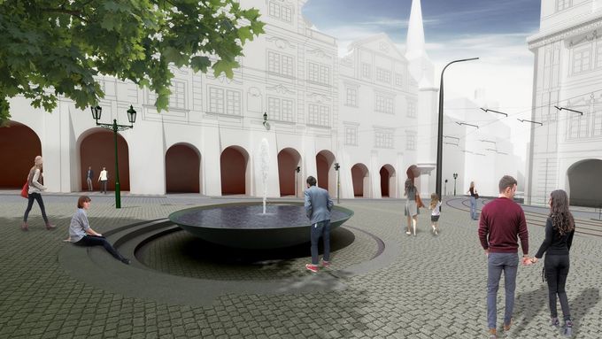 Vizualizace nové podoby Malostranského náměstí, která s žádnými výjezdy z podzemních garáží nepočítala.