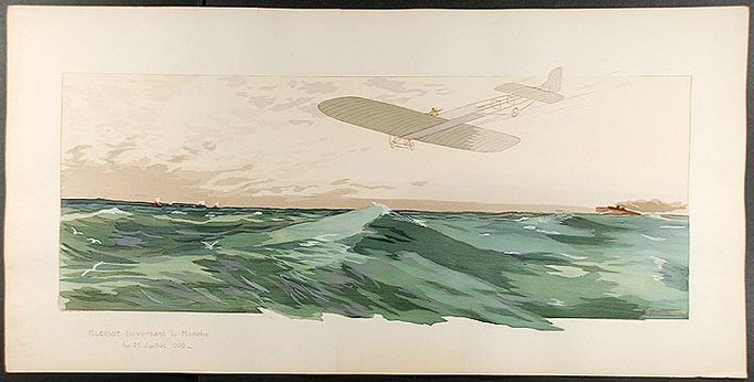 Malba Ernesta Montauta, která zachycuje Blériotův let přes Lamanšský průliv.