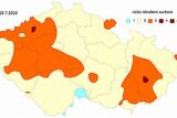 Stav suchých oblastí republiky, jak je zachycuje mapa z 19.7. Čím tmavší barva, tím je riziko sucha větší.