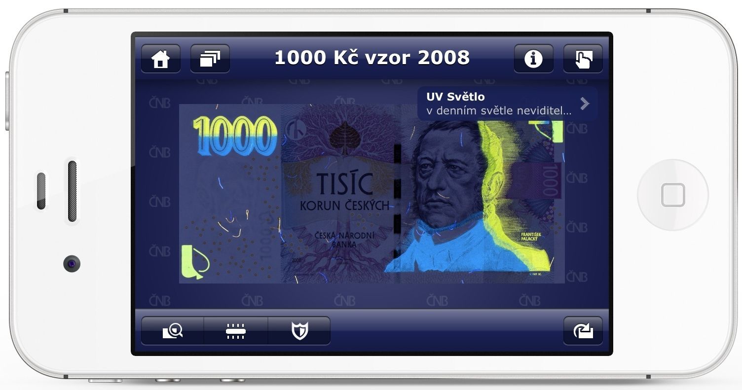 Aplikace České peníze - bankovka pod UV světlem