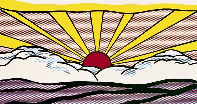 Roy Lichtenstein: Sunrise, 1965. Jeho první krajiny jsou působivé, představa Lichtensteina sedícího v plenéru je ale podobě absurdní jako celá jeho tvorba. Přírodu maloval podle pohlednic a po ruce měl knížku, podle níž se děti učily kreslit. Mimo jiné se v ní psalo, že pokud je krajina nudná, vždy můžete přidat dramatické mraky.