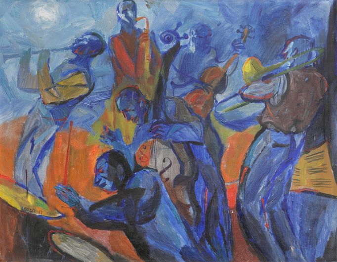 Theodor Pištěk, Jam Session, 1958, olej na plátně, 70 x 90 cm, signováno a datováno. Vyvolávací cena je 500 tisíc korun, odhadní cena od 1 do 2 milionů korun.