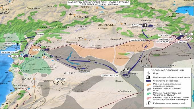 Ruské ministerstvo obrany ukázalo mapu dodávek nelegální ropy do Turecka.